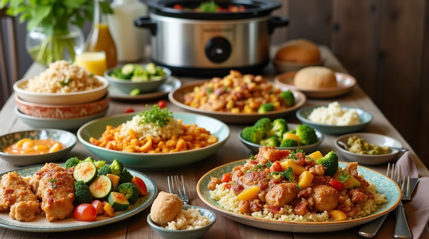 A selection of low carb crock pot recipes with ingredients like chicken, broccoli, and zucchini, served in vibrant and appetizing dishes.