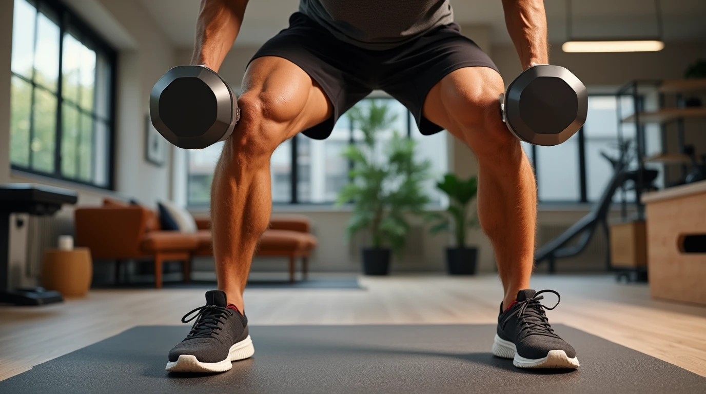 Person performing a dumbbell leg workout in a modern home gym