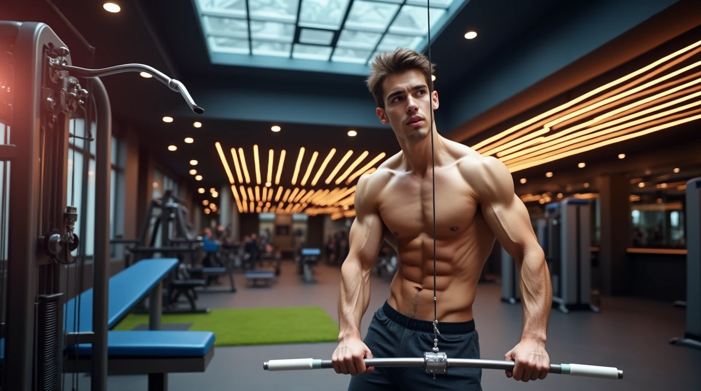 Person performing a cable chest workout fly in a modern gym