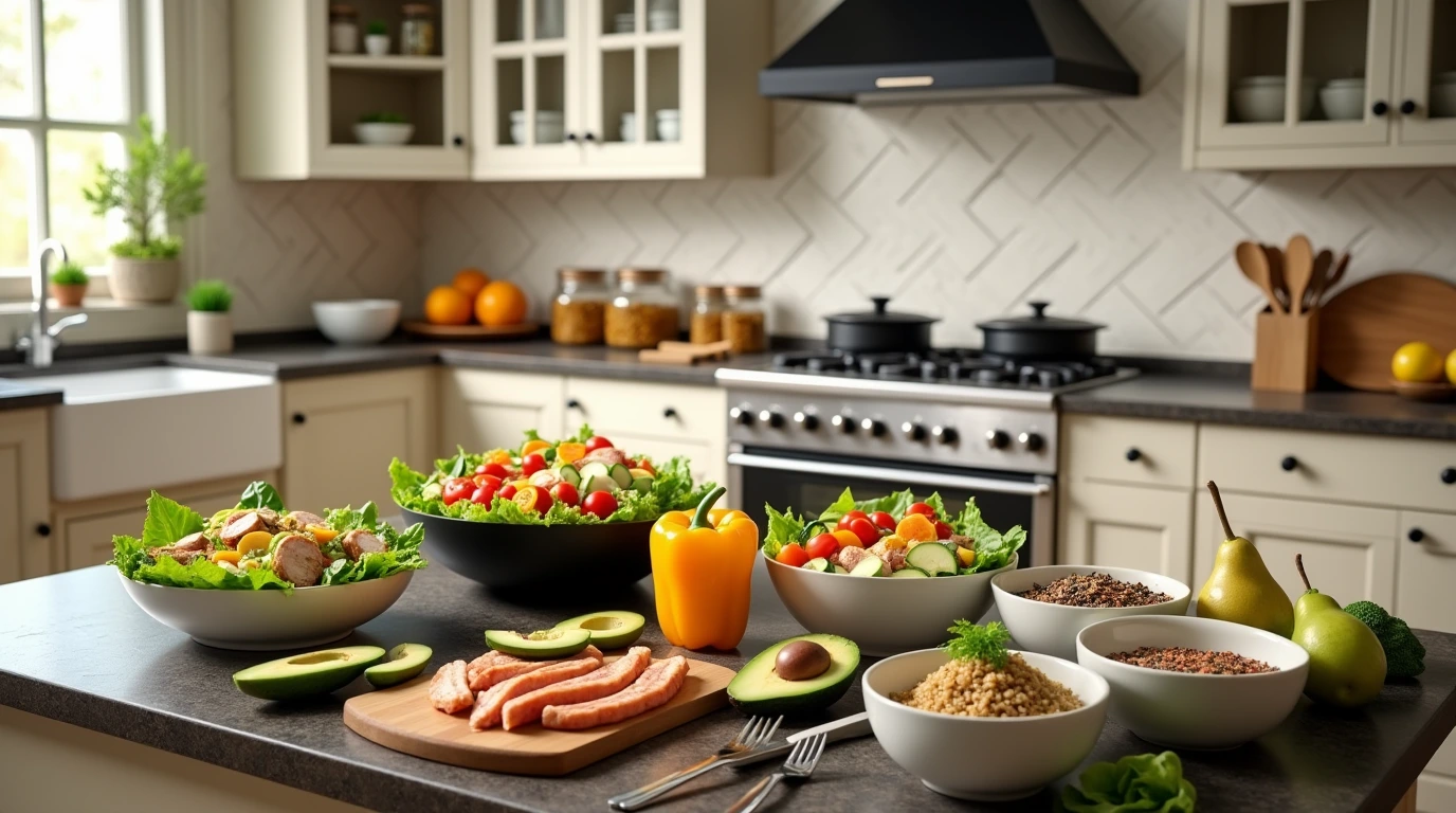 Healthy kitchen fit meals displayed on a modern kitchen counter.