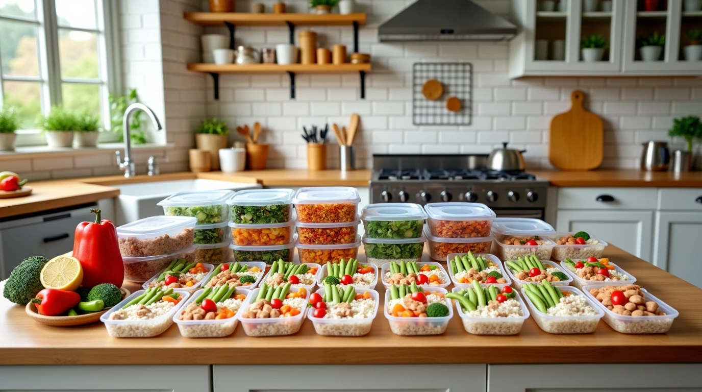 Fit meal prep with containers and prepped rice meals.