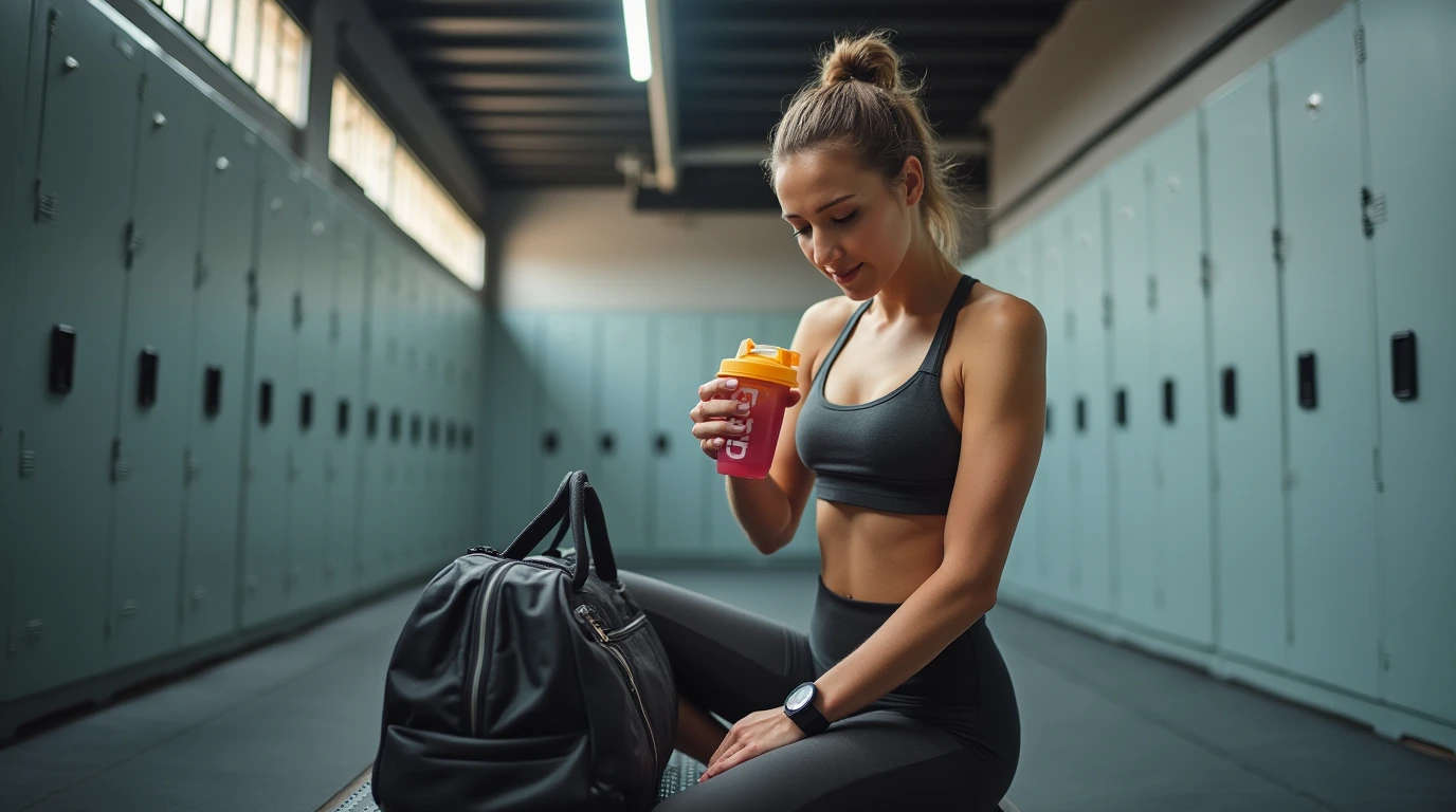 Woman preparing pre-workout for women in gym locker room