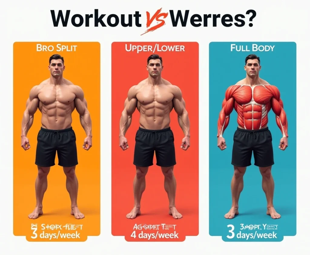 Comparison of different thebest workout split: Bro Split, Upper/Lower, and Full Body, each with a different muscle focus and workout frequency.