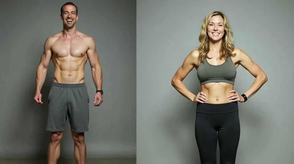 Man and woman showing their before and after fitness transformation, highlighting weight loss and muscle gain.