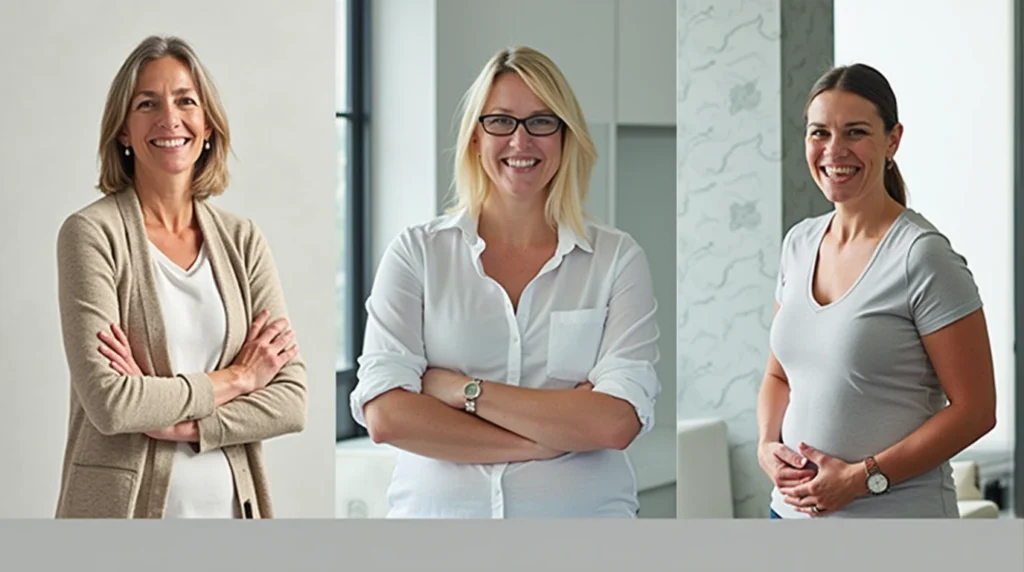 Three women of different ages smiling and confident after achieving their weight management goals.