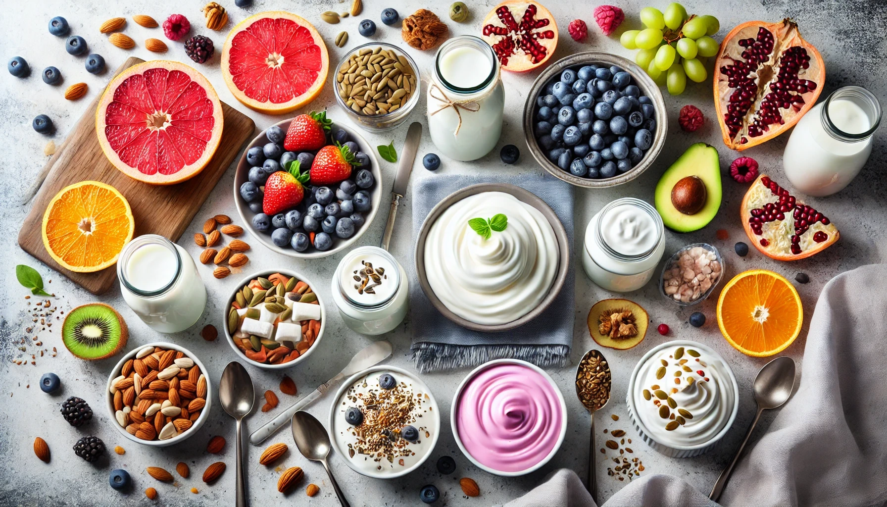 A selection of high-protein yogurt options, including Greek yogurt and Skyr, surrounded by fresh fruits and nuts in a modern kitchen setting.