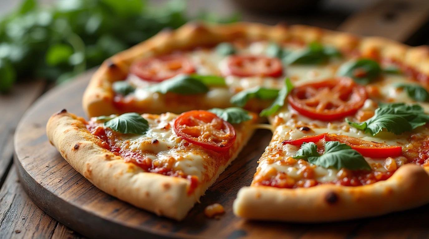 High-protein pizza with grilled chicken and fresh vegetables on a rustic wooden table.