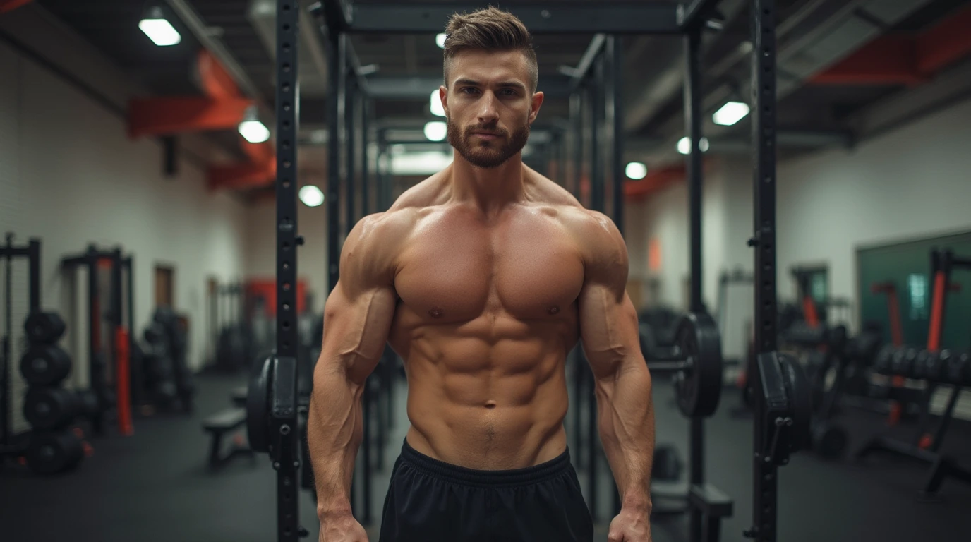 Motivation for fitness: Muscular man showing determination in the gym