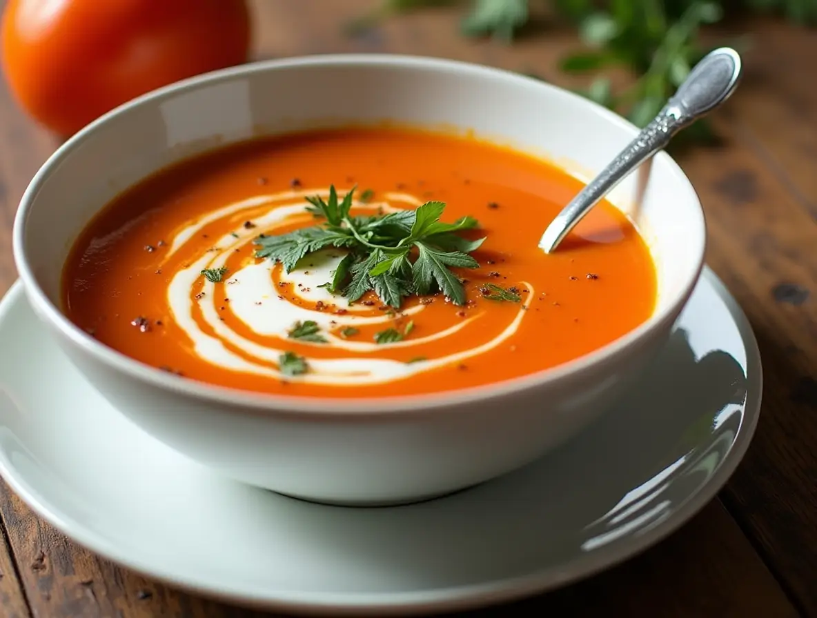Roasted red pepper soup in a white bowl
