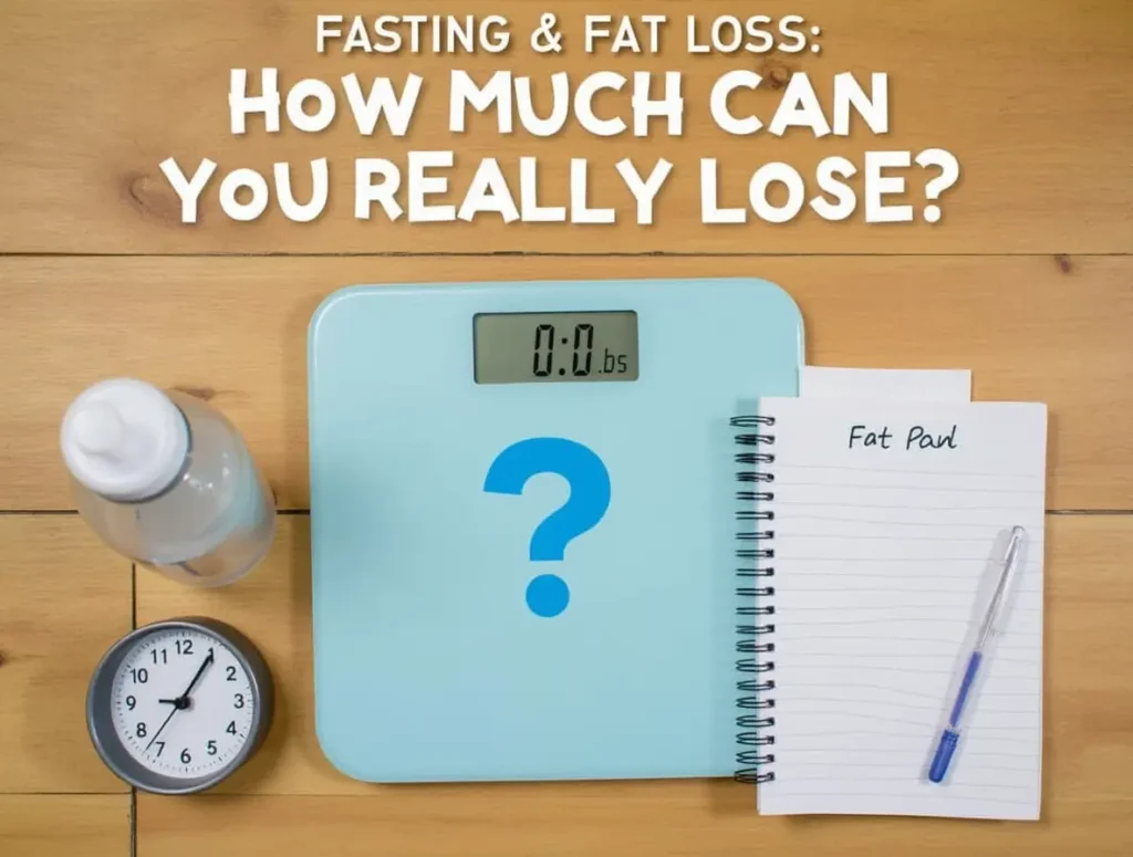 Scale, fasting tracker, and water bottle showing how much weight do you lose from fasting