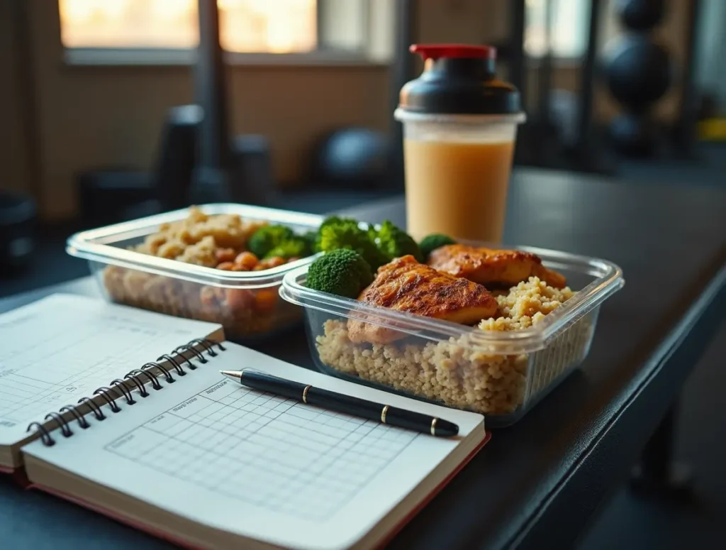 Healthy meal prep setup with tracking journal and tips to help you lose weight