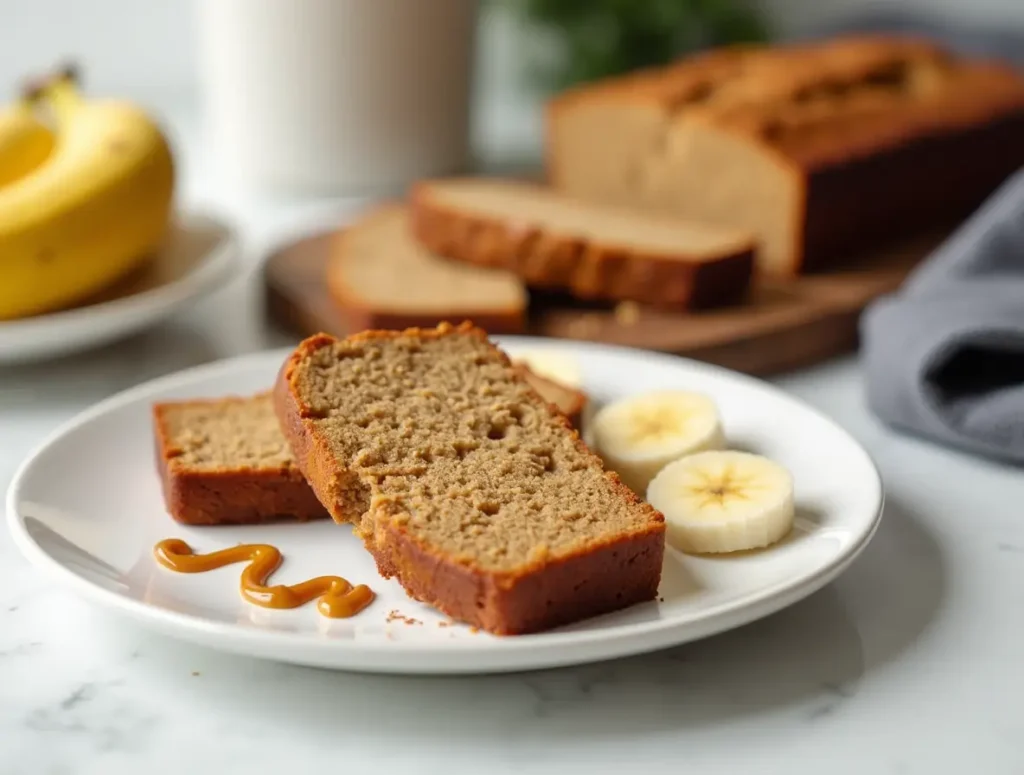 Protein banana bread slice on plate