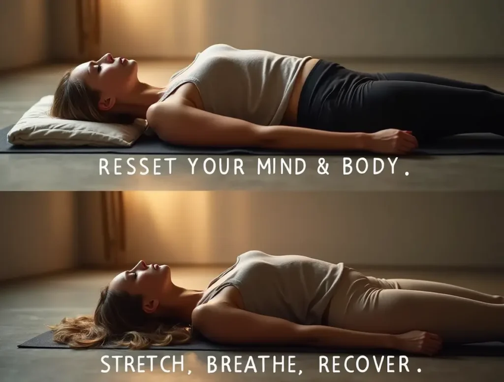 Woman lying in Savasana after yoga stretch