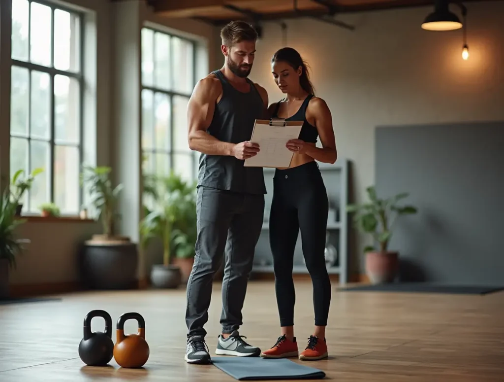Coach discussing tips to help you lose weight in a gym setting