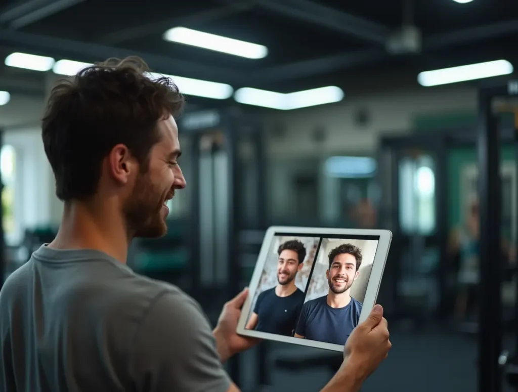 Man reviewing fitness progress photos demonstrating how to stay motivated when results are slow